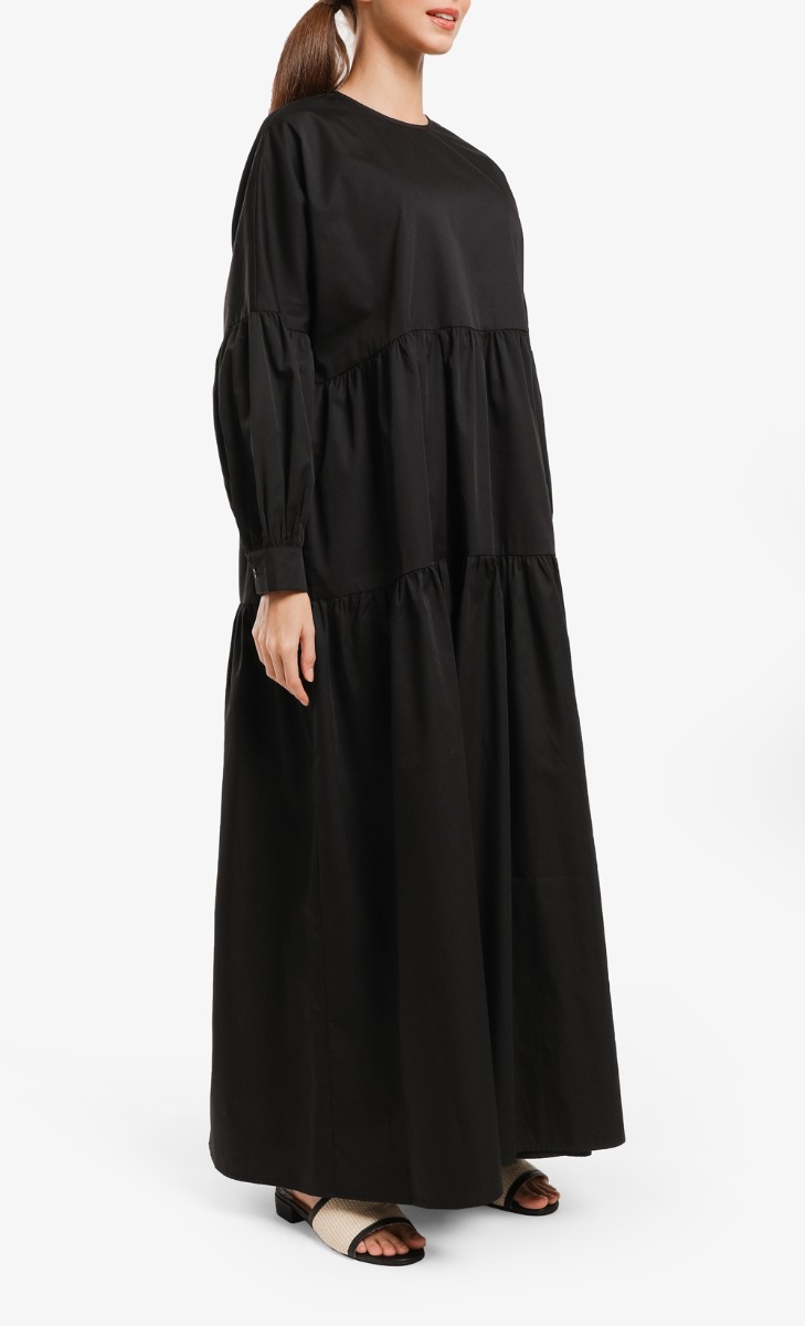 Tiered Cotton Dress in Black | FashionValet