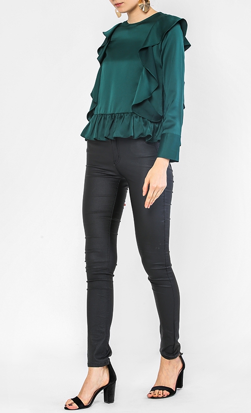 emerald green ruffle blouse