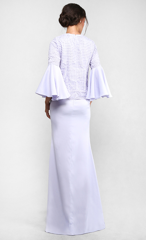 The Lace Kedah Kurung with Bell Sleeves in Lilac | FashionValet