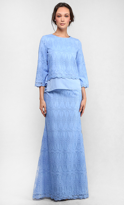 The Full Lace Kedah Kurung in Sky Blue | FashionValet