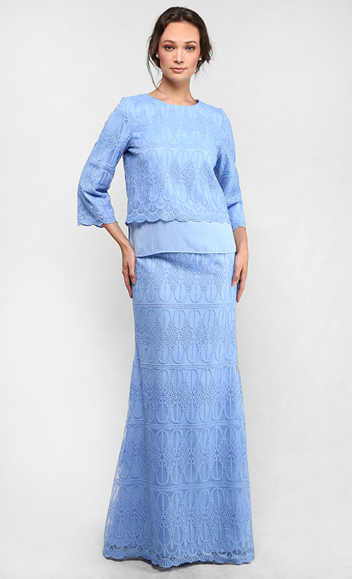 The Full Lace Kedah Kurung in Sky Blue | FashionValet