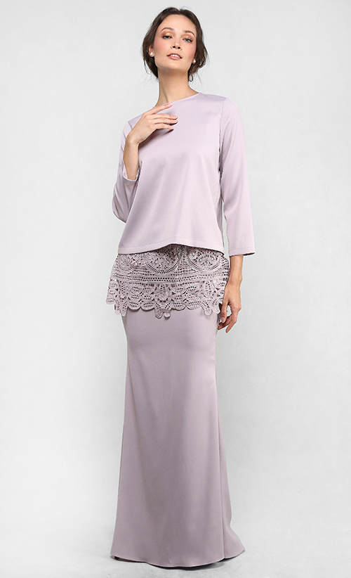 The Kurung with Lace Peplum Skirt in Light Taupe | FashionValet