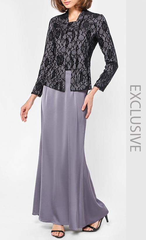 Kebaya Lace Kurung in Black and Grey | FashionValet