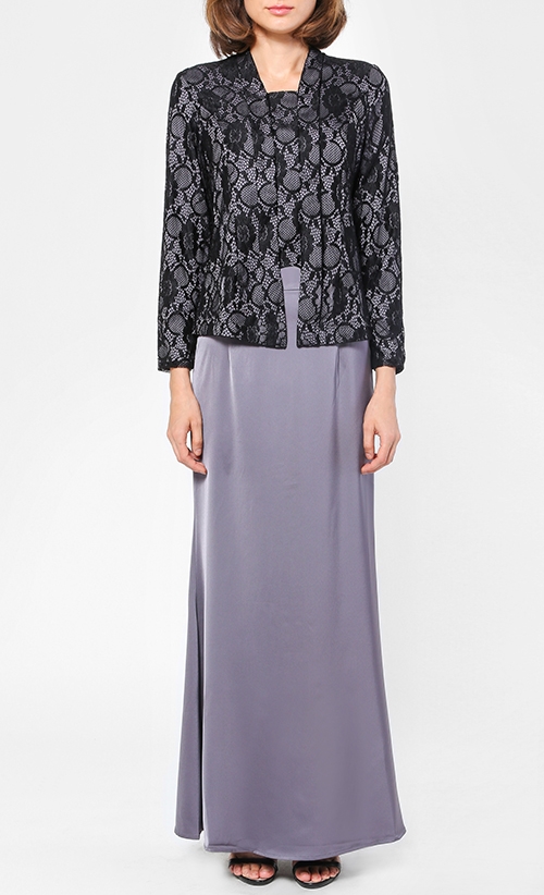 Kebaya Lace Kurung in Black and Grey | FashionValet