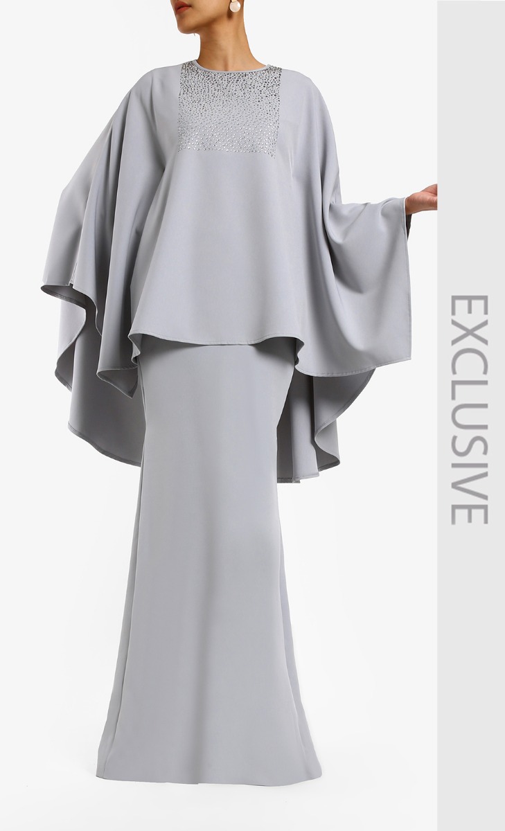 Rafila Kaftan Kurung In Grey Fashionvalet