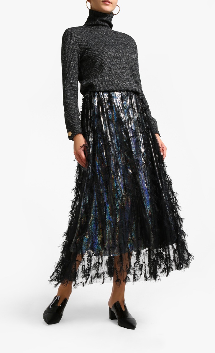 metallic fringe skirt black