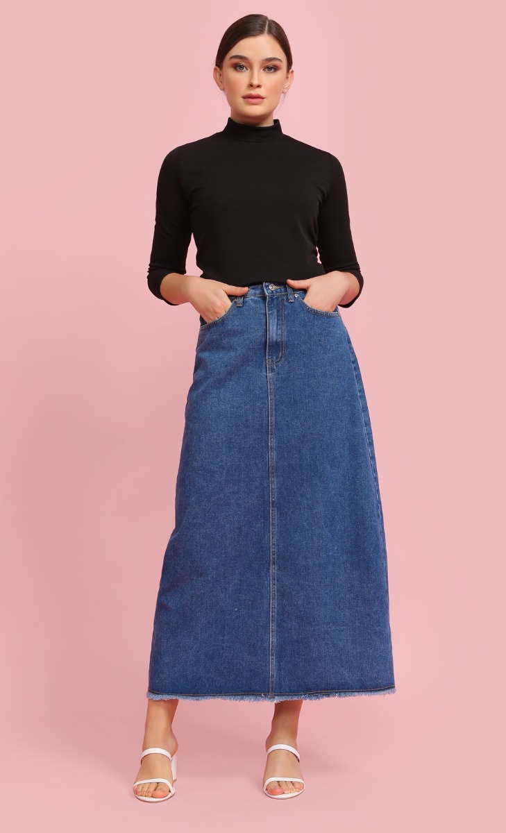 A Line Denim Skirt in Blue | FashionValet