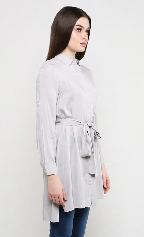 Longline Button Shirt with Waist Sash in Grey | FashionValet